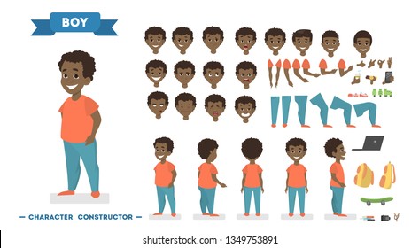 Cute African American Boy Character In Orange T-shirt And Blue Pants Set For Animation With Various Views, Hairstyles, Face Emotions, Poses And Gestures. Isolated  Illustration In Cartoon Style