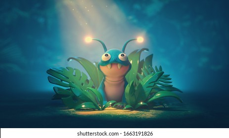 Cute alien creature hiding in the bushes in the jungle. Cartoon monster crawled out of the bushes charging its antennas in the sunlight. 3d illustration of the game location of a little funny traveler