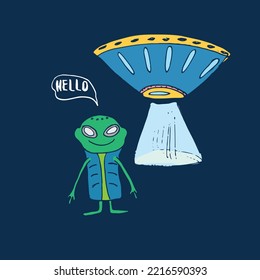 Cute Alien And Ufo Cartoon Hand Drawn Aliens Spaceship Doodle T-shirt Print Design. Illustration.