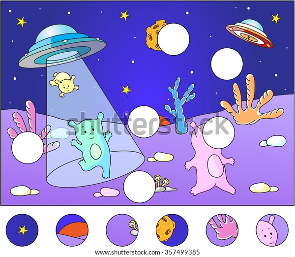 Cute aliens landing on the planet\'s\
surface: complete the puzzle and find the missing parts of the\
picture. illustration. Educational game for\
kids