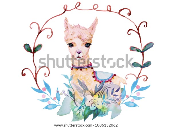 Cute Alpaca Flowers Awesome Colors Good Stock Illustration