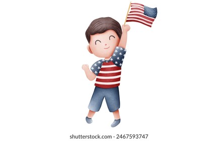 Cute American patriot boy in a 4th of July dressed, Hand holding a flag. - Powered by Shutterstock