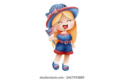 Cute American patriot girl in a 4th of July dressed, Hand holding a flag. - Powered by Shutterstock