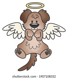 A cute angel dog with feathered wings and a golden halo.