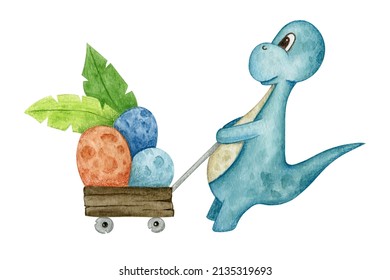 Cute Animal Baby Dinosaur Pulling A Craft Of Eggs. Watercolor Clipart Element Isolated On White Background. Illustartion For Kids Party, Birthday, Child Room