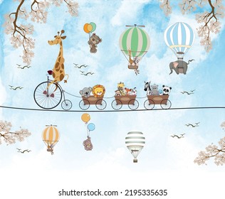 Cute Animal Bike And Train In Sky 