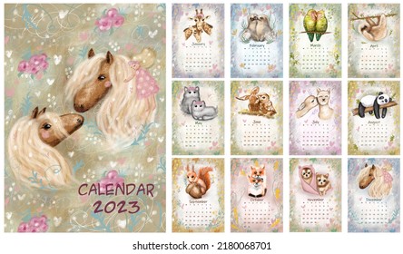 Ilustrasi Stok Cute Animal Calendar 2023 Forest Wildlife 2180068701