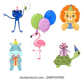 Children’s cute animal set, children’s cut posters animals, birthday party invites, collection of birthday with funny animals, design for greeting card. - Powered by Shutterstock