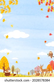 Cute Animals In Autumn Forest Background Material Hand Painted Watercolor Illustration