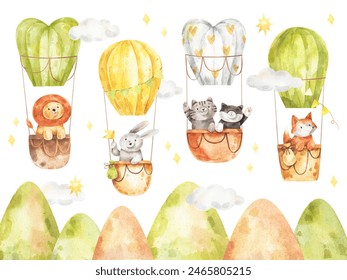 Cute animals fly in the sky in hot air balloon above mountains. Funny fox, bunny, cats and lion sit in baskets with flags and hearts. Watercolor illustration for wallpaper or greeting cards - Powered by Shutterstock