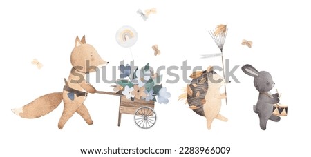 Cute animals go to plant flowers in the garden. Children's party of friends. Cute poster. Painting for the children's room. Isolated on white background. Watercolor illustration.