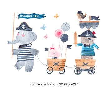 Cute animals pirates play sea adventure. Children's party of friends. Cute poster. Painting for the children's room. Isolated on white background. - Powered by Shutterstock