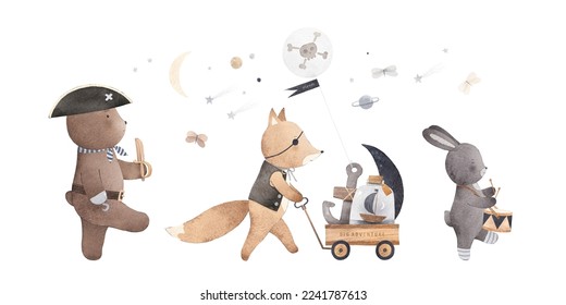 Cute animals play pirates. Children's party of friends. Cute poster. Painting for the children's room. Isolated on white background. Watercolor illustration. - Powered by Shutterstock