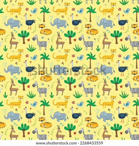 Cute Animals Seamless pattern. Cartoon Animals and plants doodles. Cartoon illustration.