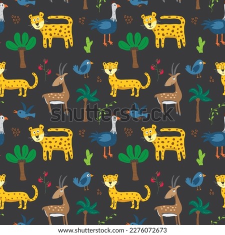 Cute Animals Seamless pattern. Cartoon Animals and Tropical plants doodles. Cartoon illustration.