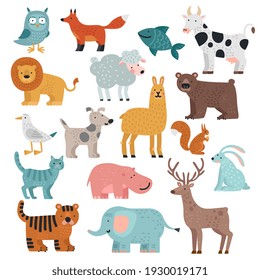 Cute Animals. Tiger, Owl And Bear, Elephant And Lion, Llama And Deer, Hare And Dog, Squirrel Wild And Farm Cartoon Animal Set