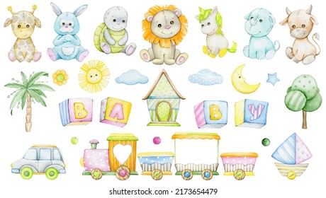 Cute Animals, Toys. Watercolor Set, In Cartoon Style, On An Isolated Background.