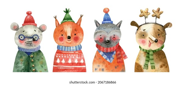 Cute animals in winter costumes hand-drawn in watercolor. Mouse, raccoon, puppy and squirrel in scarves and hats. Characters isolated on white background.