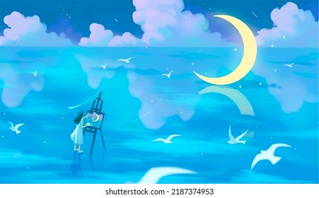 
Cute Anime Girl Drawing Alone In The Ocean Digital Art, Painting, 3d Illustration