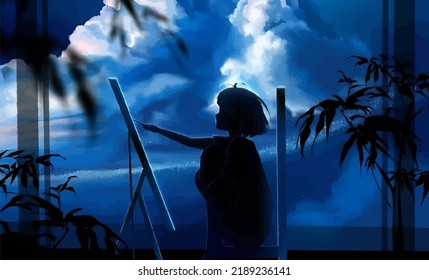 Cute Anime Girl Drawing Alone In Cloudy Day Digital Art, Painting, 3d Illustration