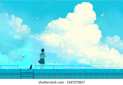 
Cute Anime Girl With Her Cat In Cloudy Day Digital Art, Painting, 3d Illustration