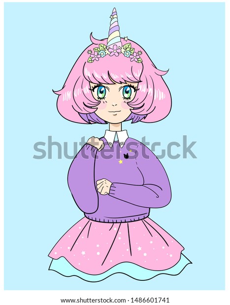 Cute Anime Girl Pink Hair Illustration Stock Illustration 1486601741