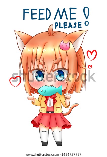 cute anime girl want eat fish stock illustration 1636927987