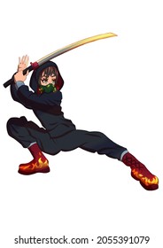 Cute Anime Manga Girl In A Fighting Pose Holding A Katana In A Toxic Respirator Fire On Her Shoes Katana Incandescent Sticker