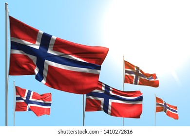 cute any feast flag 3d illustration
 - 5 flags of Norway are waving on blue sky background - Powered by Shutterstock