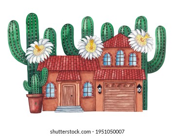 Cute Arizona House With Saguaro Cactus Blossom, Arizona State Flower. Cute House With Garage. Hand Painted Watercolor Illustration. 