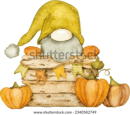 Cute autumn dwarf with mushrooms, arcons and leaves harvest watercolor painting. Fall season cartoon gnome with foliage aquarelle painting
