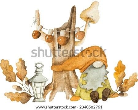 Cute autumn dwarf with mushrooms, arcons and leaves harvest watercolor painting. Fall season cartoon gnome with foliage aquarelle painting
