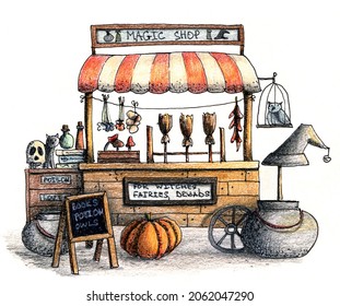 Cute autumn magic shop and pot  potion  owl    pumpkin  Hand drawn ink pen   colored pencils illustration 
