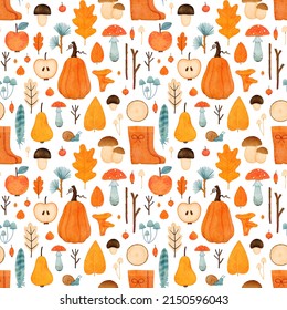 Cute autumn pattern with pumpkins, rain boots, forest mushrooms, oak leaves, apples. Warm and cozy autumn backround.