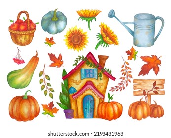 Cute Autumn Thanksging Clipart On White Background. Vintage Style Watercolor Halloween Illustration With Pumpkin, Fairytail House, Watering Can And Fall Foliage And Basket With Apples, Sunflowers.