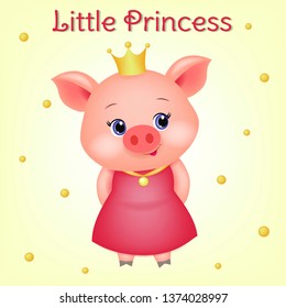 Cute Avatar Of A Little Pig Princess With Blue Eyes. 3d Animal With A Crown In A Red Dress And A Gold Medal On A Ribbon, Cartoon Character. Funny Little Piglet Design, Illustration.