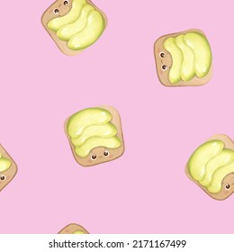 Cute Avocado Toast Seamless Pattern On Pink Background