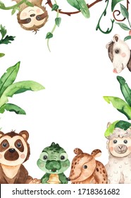 Cute Babies Animals And Plants. Watercolor Hand-drawn Jungle Frame