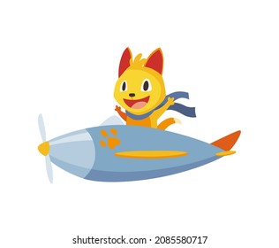 Cute baby animal cat with scarf fluttering on airplane. Funny and happy pilot flying on plane. Cartoon  character fly on retro transport