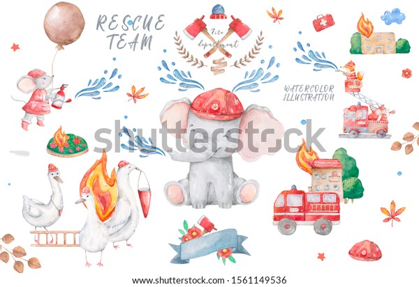 Cute baby animal elephant extinguish a fire on\
trees with water Watercolor hand drawn illustration Isolated\
animal. Rescue Team Baby colorful cartoon invite card. Fireman set\
with help. Rescue