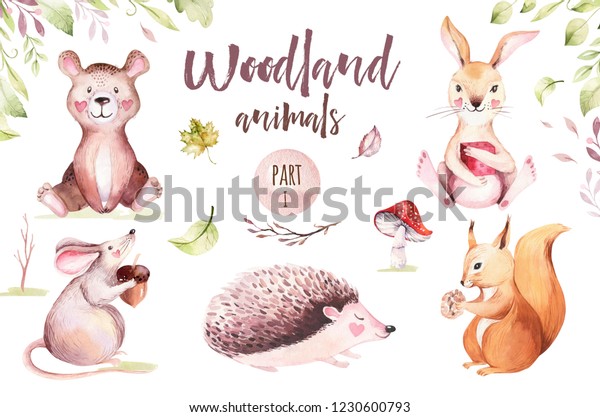 子ども向けのかわいい動物の保育ネズミ ウサギ 熊のイラスト 水彩のボーホーの森にリス 水彩 ハリネズミの画像 保育園のポスター 柄に最適 のイラスト素材 1230600793