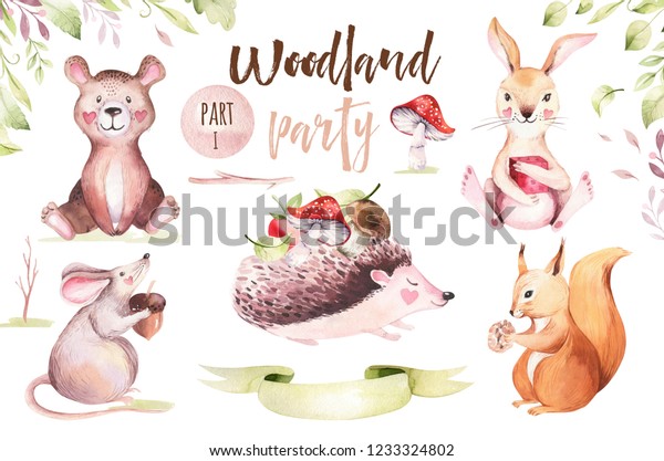 子ども向けのかわいい動物の保育ネズミ ウサギ 熊のイラスト 水彩のボーホーの森にリス 水彩 ハリネズミの画像 保育園のポスター 柄に最適 のイラスト素材