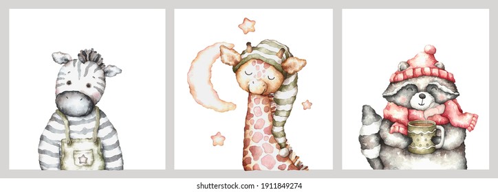 cute baby animals  portrait giraffe  raccoon   zebra  set posters for the nursery  watercolor illustration  