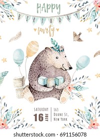 Cute Baby Bear Nursery Animal Isolated Illustration For Children. Bohemian Watercolor  Family Drawing, Watercolour Image. Perfect For Nursery Posters, Baby Shower, Patterns. Birthday Boho Invite.