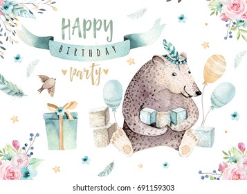 Cute Baby Bear Nursery Animal Isolated Illustration For Children. Bohemian Watercolor Bohemian Family Drawing, Watercolour. Perfect For Nursery Posters, Baby Shower, Pattern. Birthday Boho Invite.