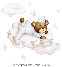 Cute baby bear sleeping on a cloud. Boy. Hand painted watercolor. Birthday, baby shower, children's party. Design element for invitations, packaging, greeting cards, logos, labels, etc.
 - Powered by Shutterstock