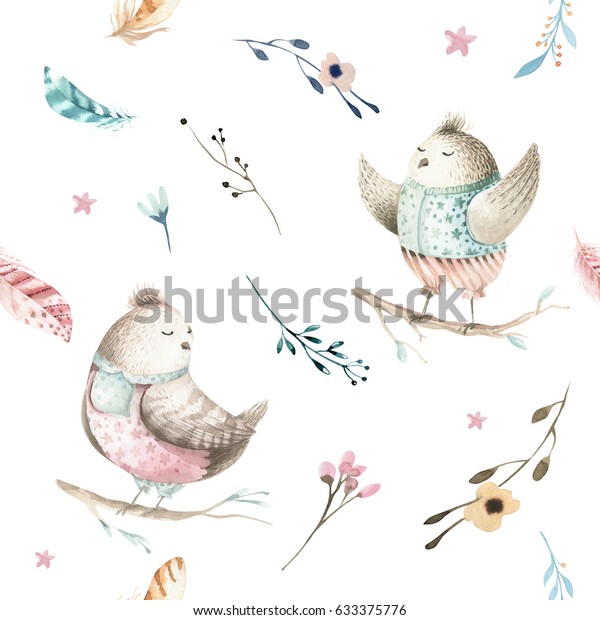 かわいい鳥の動物のシームレスな模様 子ども服用の森のイラスト 木地水彩手描きの箱絵 苗代ポスター のイラスト素材
