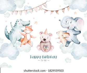 Cute Baby Birthday Party Nursery Watercolor Animal Isolated Illustration For Children. Forest R And Jungle Dancing Baby Shower Animals. Perfect For Nursery Posters, Patterns. Birthday Invite
