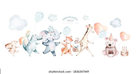 Cute baby birthday party nursery watercolor dancing fox, elephant and bunny, crocodile, giraffe rabbit animal isolated illustration for children baby shower. Tropical forest and jungle nursery poster