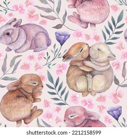 Cute Baby Bunnies And Meadow Flowers Seamless Pattern. Baby Nursery Wallpaper With Watercolour Rabbits And Hand Drawn Florals.